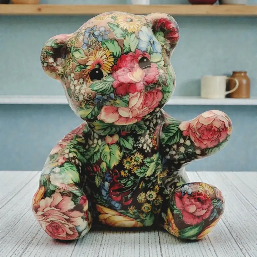 Decoupage Jewel Toned Floral Chinz Print Bear By Joan Baker Designs Figurine