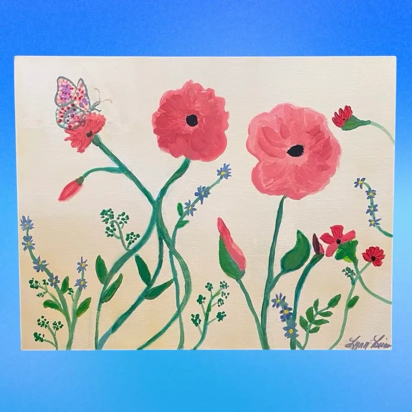 Original Artwork Painting Pink Blue Flowers with Butterfly Signed by Artist