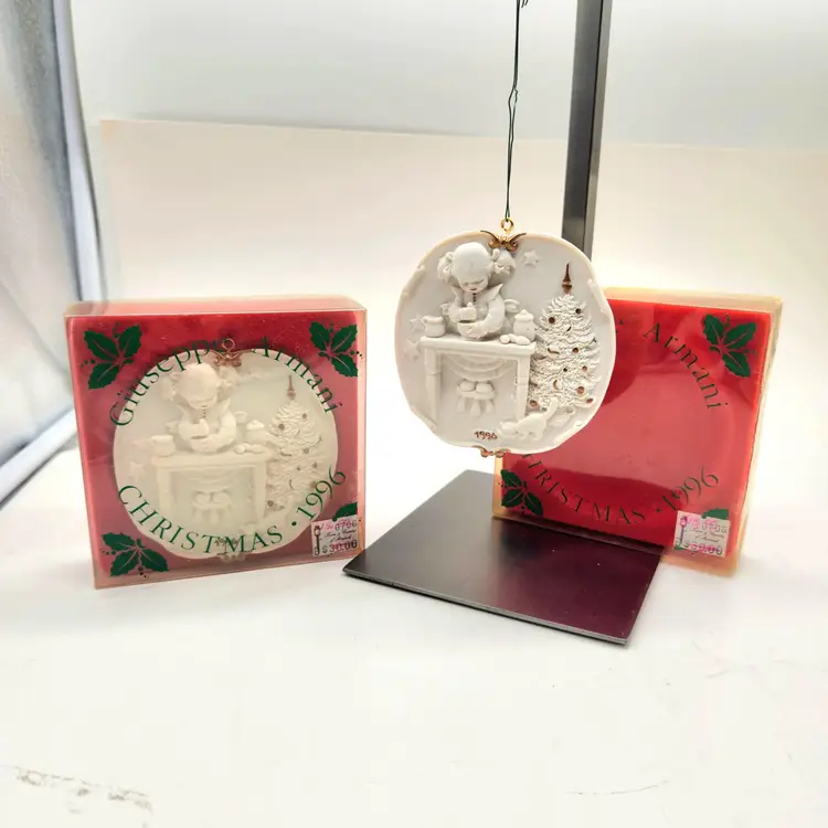 2-Vtg 1996 Giuseppe Armani Girl Baking Christmas Plaque, Raised Porcelain, Italy