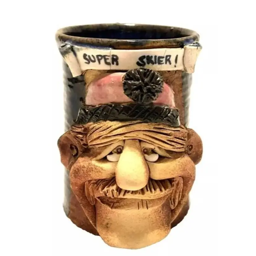 UGLY FACE COFFEE MUG SUPER SKIER 3D POTTERY SIGNED MCALLISTER 1992 4.5" TAL