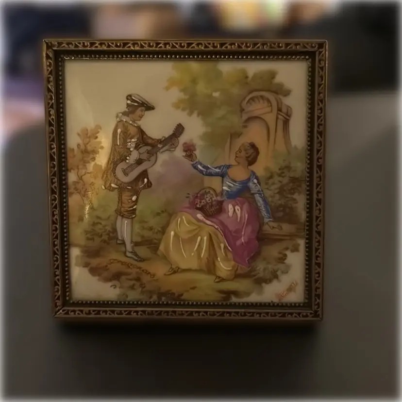 Hand-Painted and Hand-Signed Limoges Porcelain Art in Frame - 3.5” square