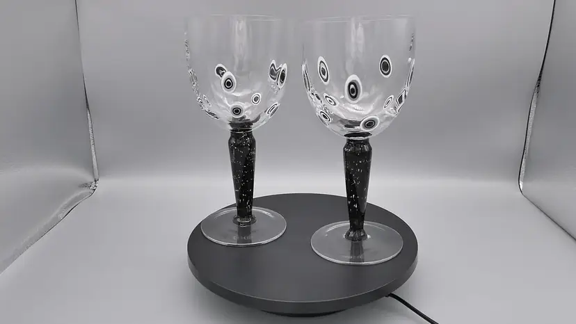 PAIR Black White Gray Murrine Millefiori Circles 16oz Goblet Glasses Blown Glass Confetti Frit Stem 8"