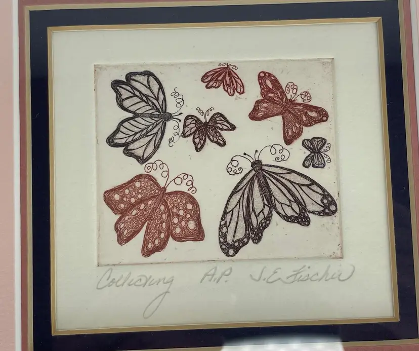 “Collecting” Etching by J. E. Fischer Artist’s Proof Signed Framed Butterflies