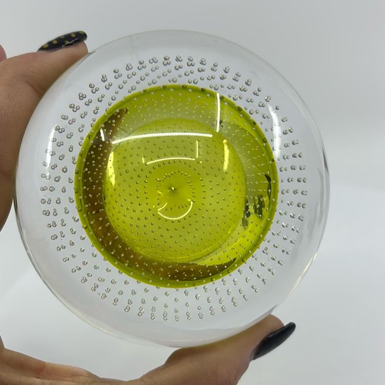 Stunning Lime Core Controlled Bubble Art Glass Paperweight ~ Attributed To VSL 3.5”