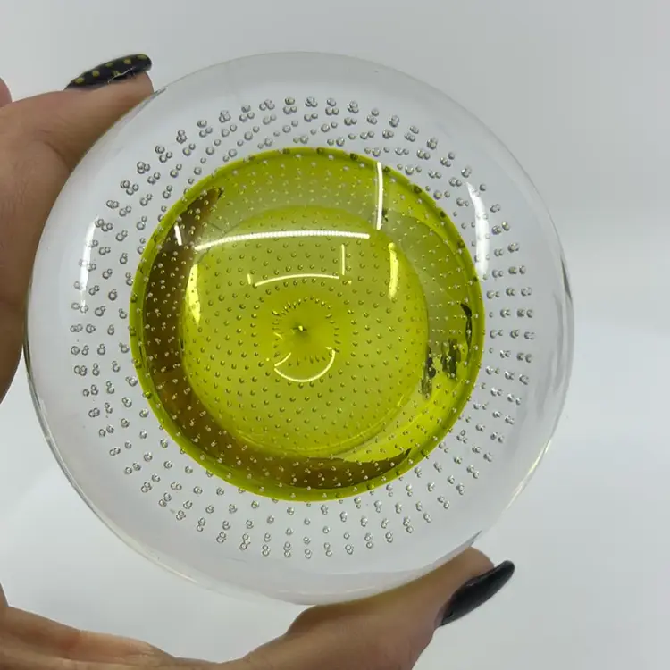 Stunning Lime Core Controlled Bubble Art Glass Paperweight ~ Attributed To Val St. Lambert 3.5”