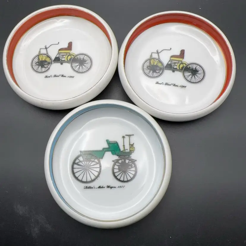 Set of 3 Vintage Mid-Century Antique Auto Porcelain Mini Dishes - Japan - Ford & Selden