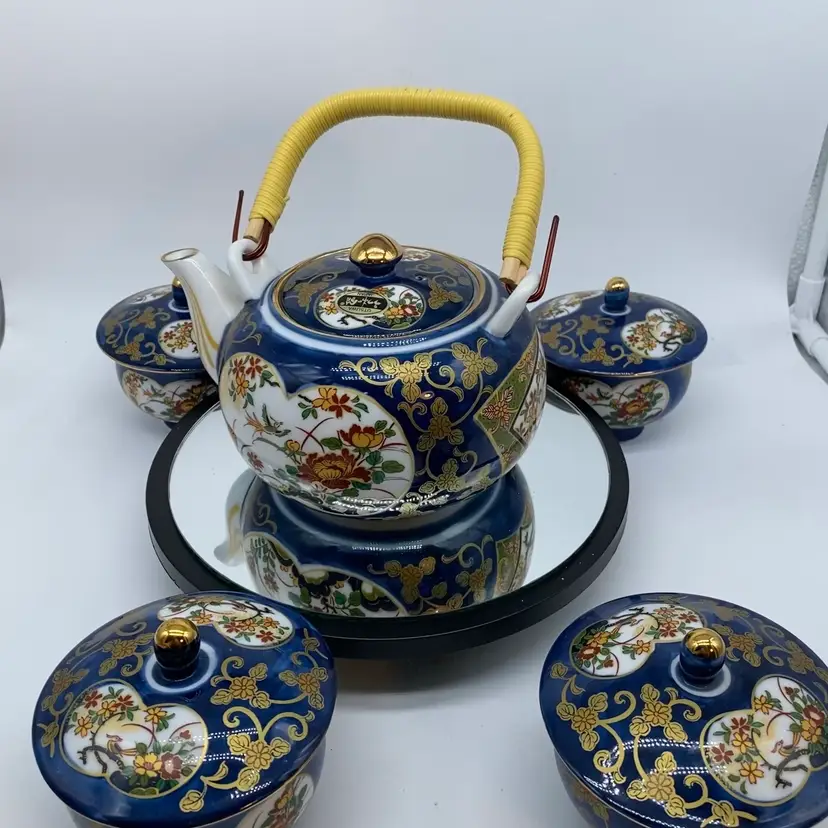 #1816 Cobalt Porcelain Japanese Tea Set 4 Lidded Cups And Matching Teapot With Strainer