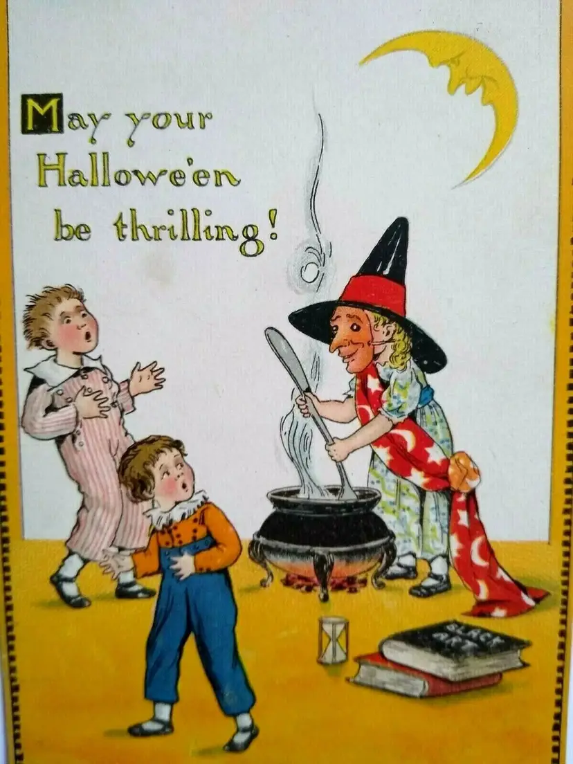 Halloween Postcard Tucks Fantasy Witch Cauldron Black Arts Over Moon 190 Unused