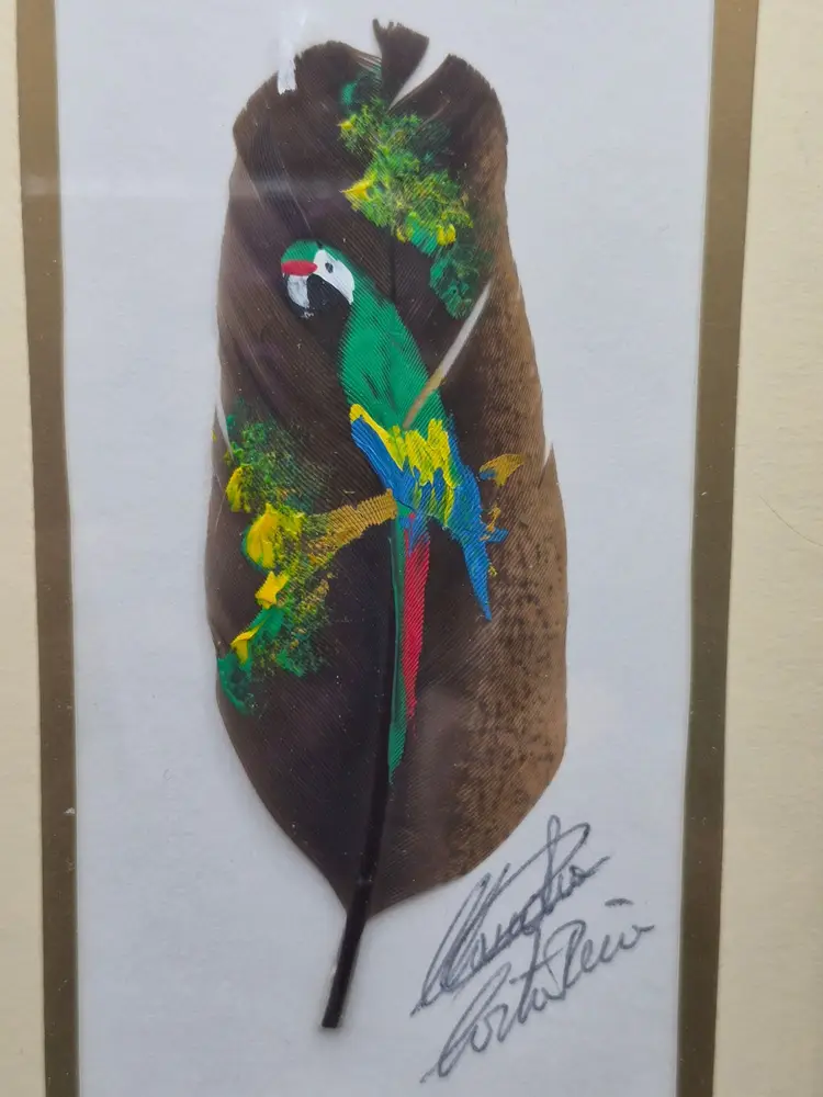 Jose Garro Signed Hand-Painted Parrot Feather Art In Wooden Frame 6.5 x 4.5