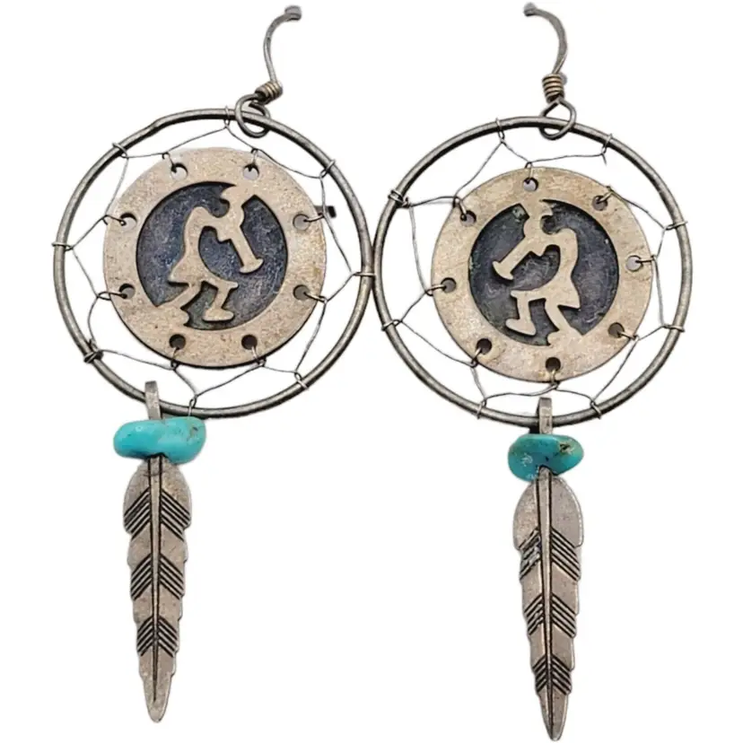 Vtg Navajo Kokopelli Sterling Silver Dream Catcher Earrings with Turquoise 