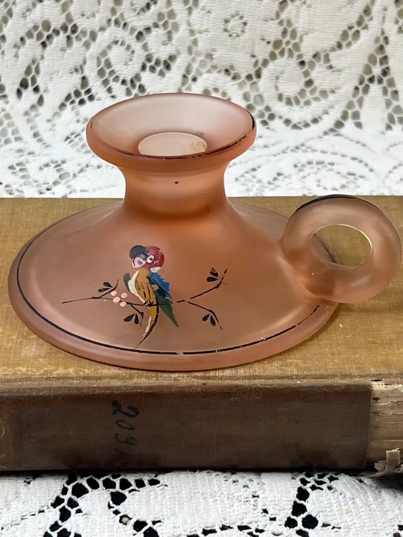 020 Pink Satin Frosted Glass Chamber Candlestick Holder Hand Painted Parrott And Flowers 5.25" X 1.25"