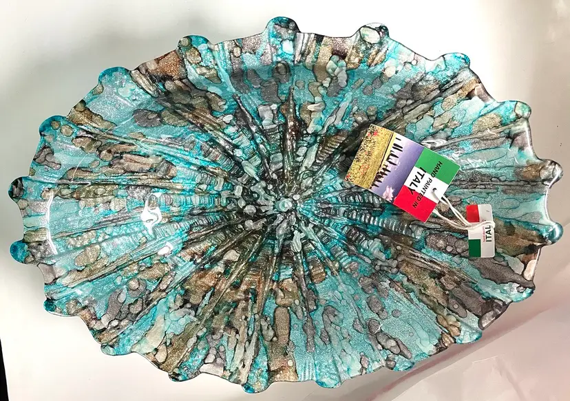Beautiful Reversed Painted Glass Bowl. Serving Bowl Console Bowl/Dish Hand painted In Italy. Blue And Silver