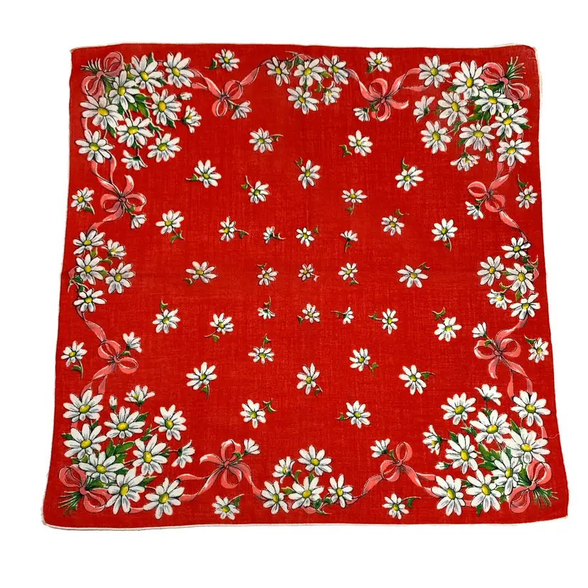 Bright Red White Daisy Handkerchief Flower Vintage Mid Century Boho Cottage Core