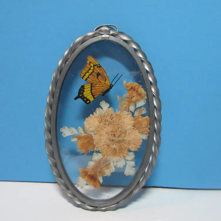 vintage oval pressed flowers and butterfly window decor suncatcher