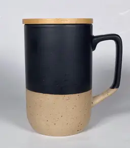 *NEW* DesignPac Gifts Ceramic Tea & Coffee Mug with Wood Lid Black/Cream 16 oz.