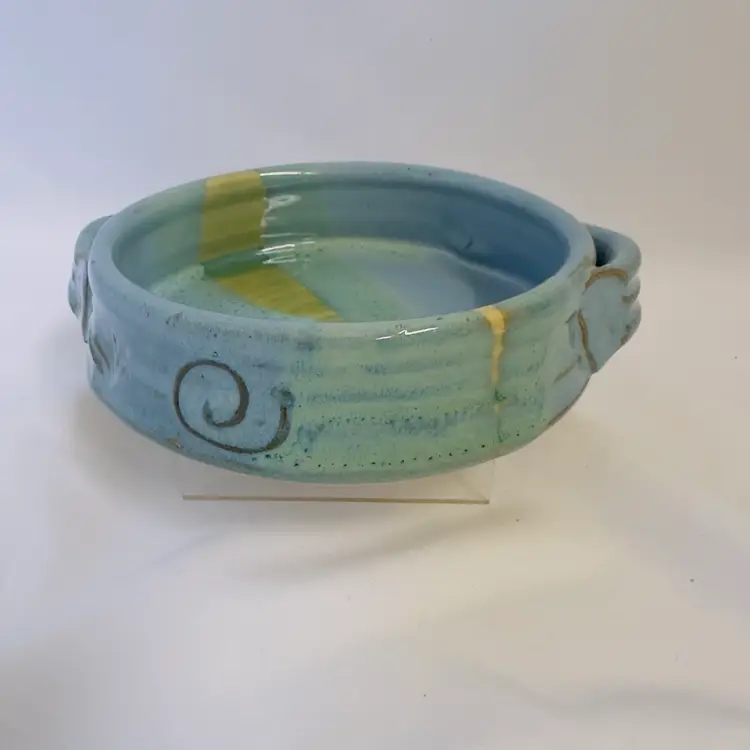 #1946 Mosquito Mud Pottery Brie Baker Round Shallow Bowl with Two Handles Studio Art