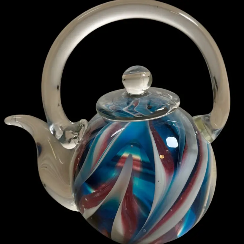 Blue and Pink Swirl Tea Pot Art Glass Paperweight