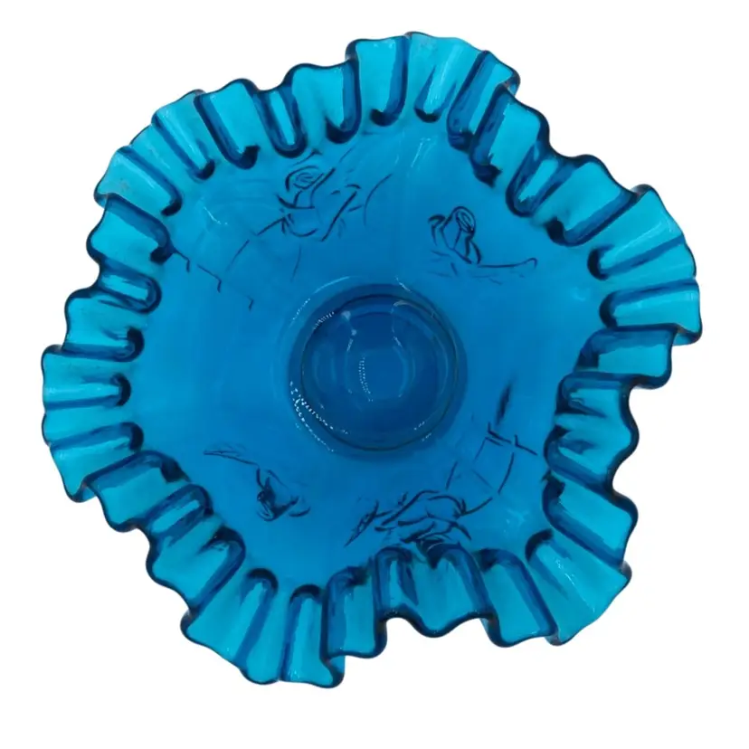 Vintage Westmoreland Art Glass Crimped Bowl w/Roses & Lattice Design, Capri Blue, MINT