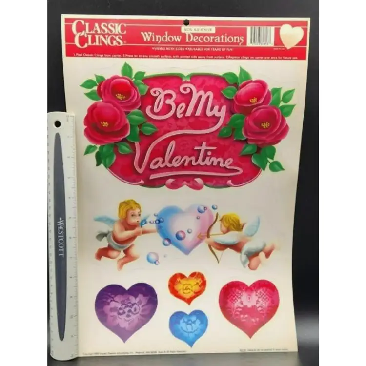 Vtg New Old Stock Reusable Vinyl Stick Laced Hearts, Cupids and Roses Valentine's Day Window Decorations
