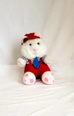White Plush Bear in Red Overalls & Blue Tie – Dressed Bear Toy