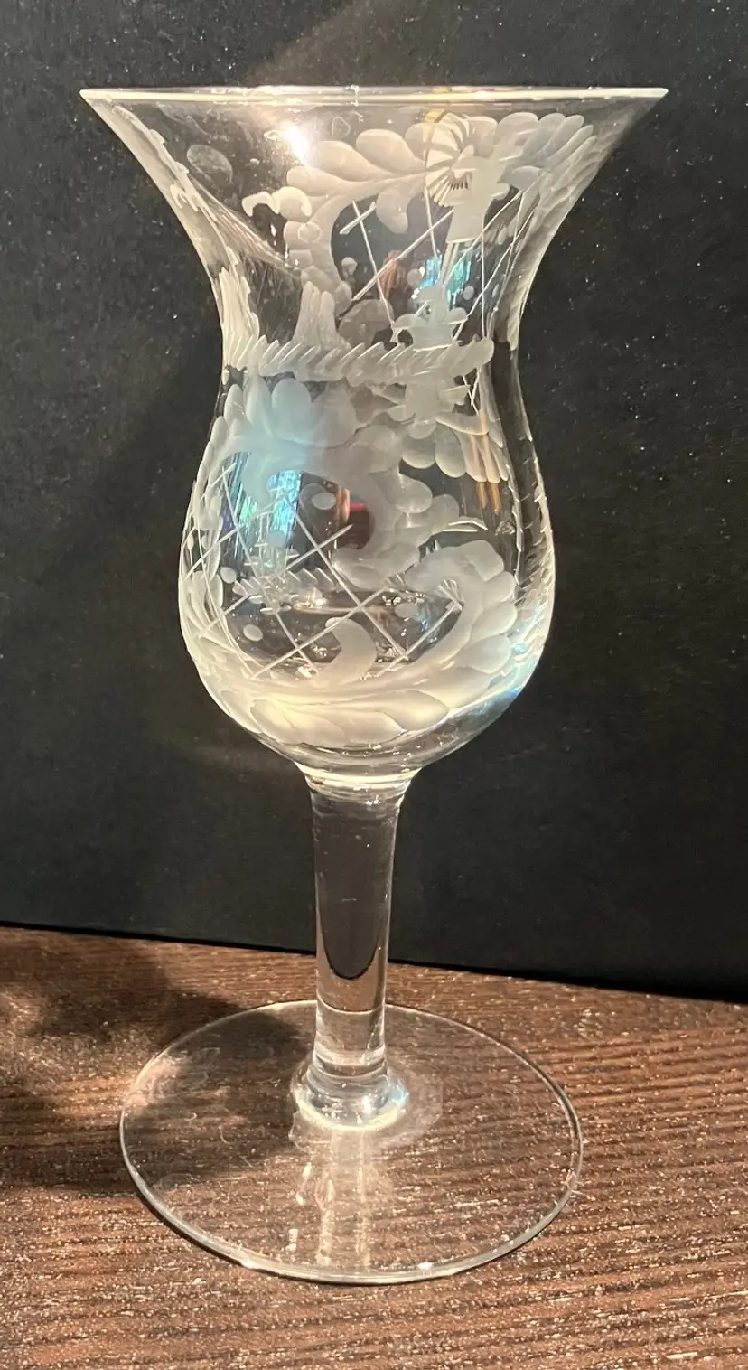 2 Vintage Etched Floral Cordial Glass Stem Glasses 4 1/2" tall