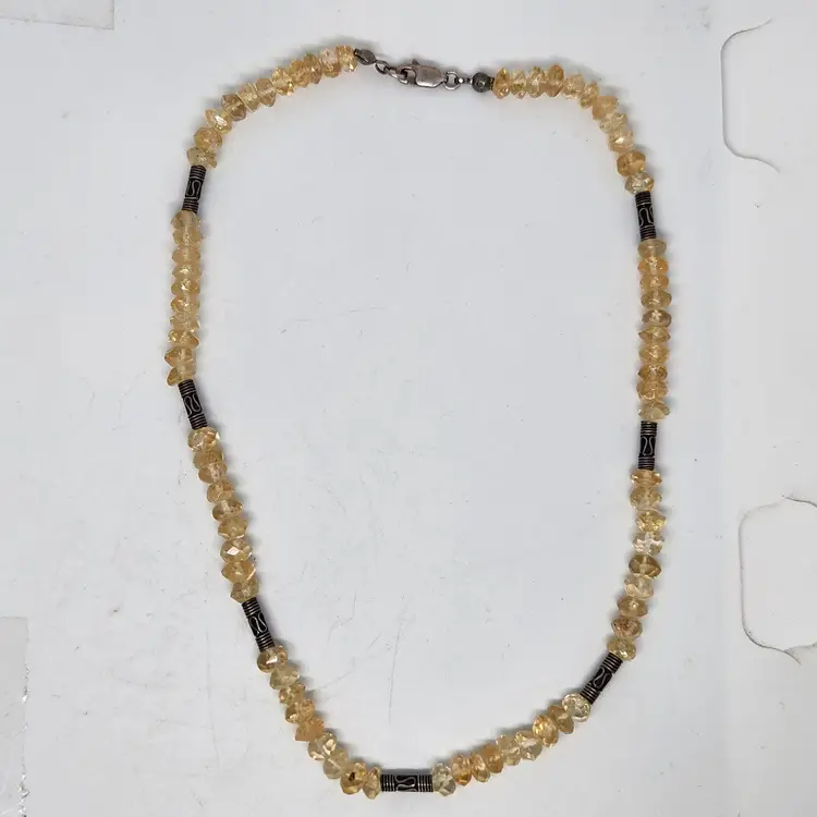 Sterling Silver Natural Faceted Citrine Beaded Strand Necklace 925 14" Gemstone