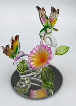 Pair of Hummingbirds, Spun Glass, Flower & Leaves, Mirror Base, 4" x 3.2"