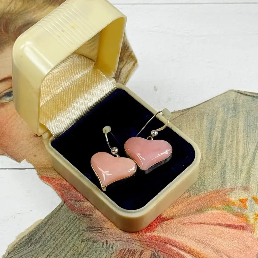 Sterling Silver Pink Opal Heart Earrings