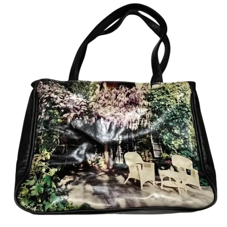 Nancy Lucia -New York - Vintage Black Leather Photo Tote – Wisteria Garden Print – Made in USA – 12.5”W x 10”H