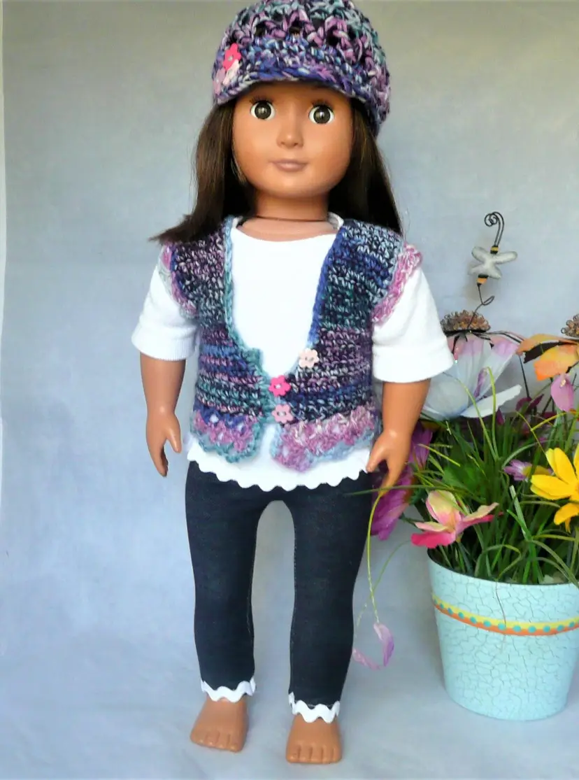 Handmade 18" Doll 4pc Outfit Crochet Blue Purple Pink Newsboy Cap, Vest, White Top and Navy Leggings