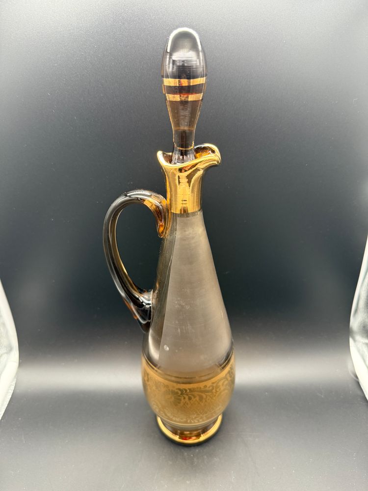 Vintage Bohemian Amber Decanter with Gold-tone Accents