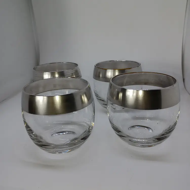 4 mid-century modern Dorothy Thorpe roly poly silver band drinking glasses 1960s