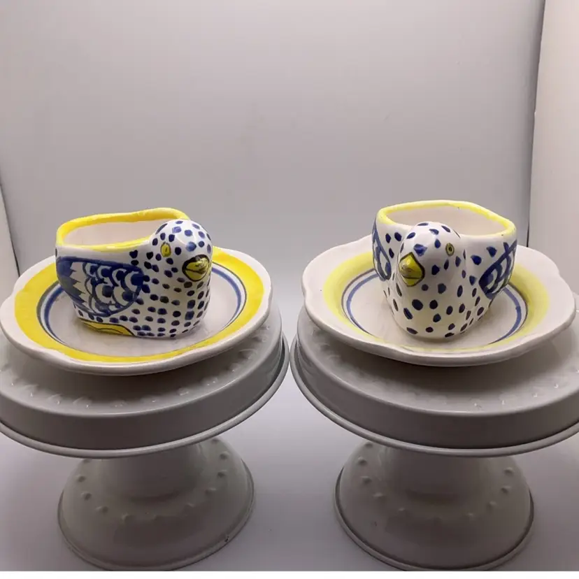 VTG Henriot Quimper Pottery France Chicken Chick Egg Cups on Saucer PAIR 2” x4”