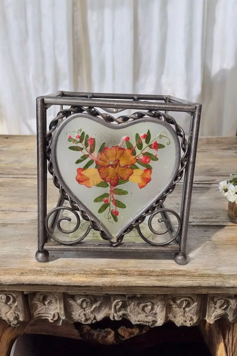 Pewter Dried Flowers Glass Candleholder Vintage Cottagecore Heart Romantic