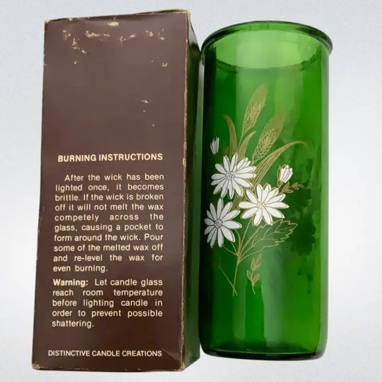 Groovy Totl-Glo Green Glass Candle Holder Henco 7”  W/ VTG original box Wheat / white flowers