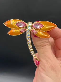 #31 Large Pink Marquis, AB Rhinestone & Orange Enamel Gold Tone Metal Dragonfly Brooch 2.75” 🧡