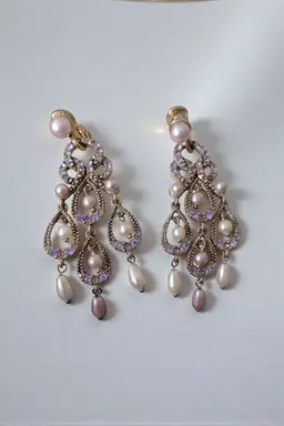 Vtg Monet Chandelier Clip On Earrings Lavender Rhinestones Faux Pearl 2.5" Party
