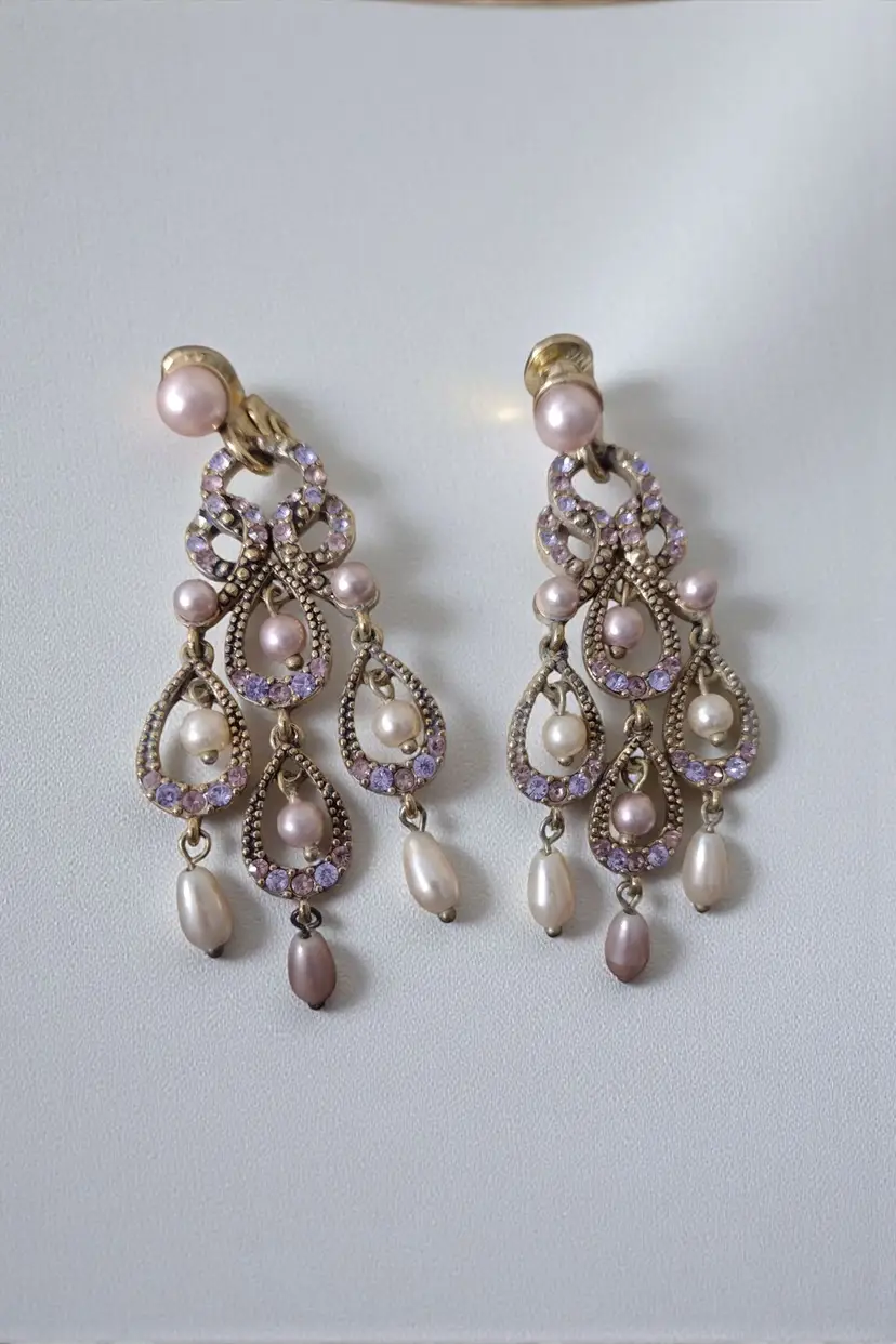 Vtg Monet Chandelier Clip On Earrings Lavender Rhinestones Faux Pearl 2.5" Party
