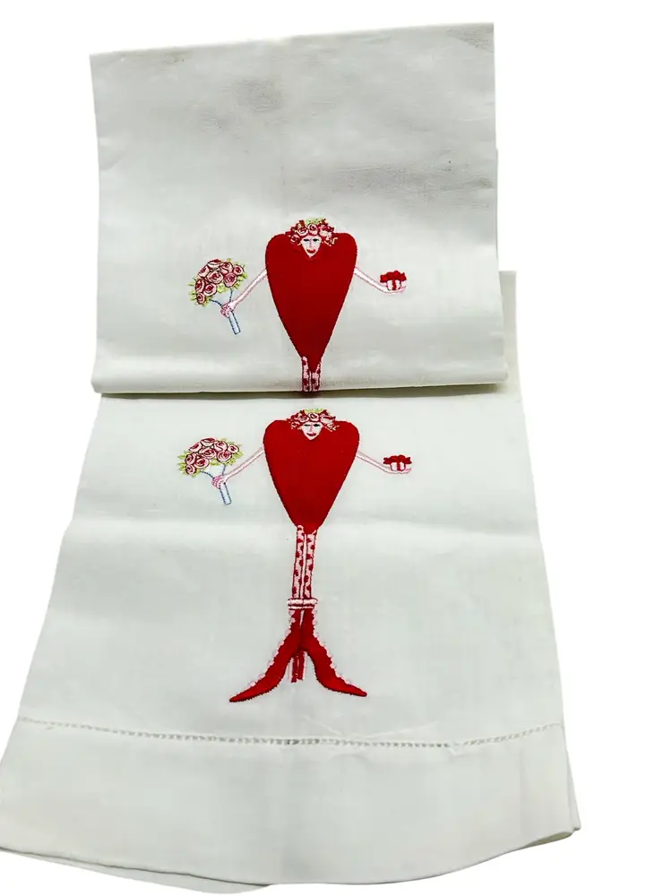 Set of two anthropomorphic kitchen hand towels heart lady with flowers and gift