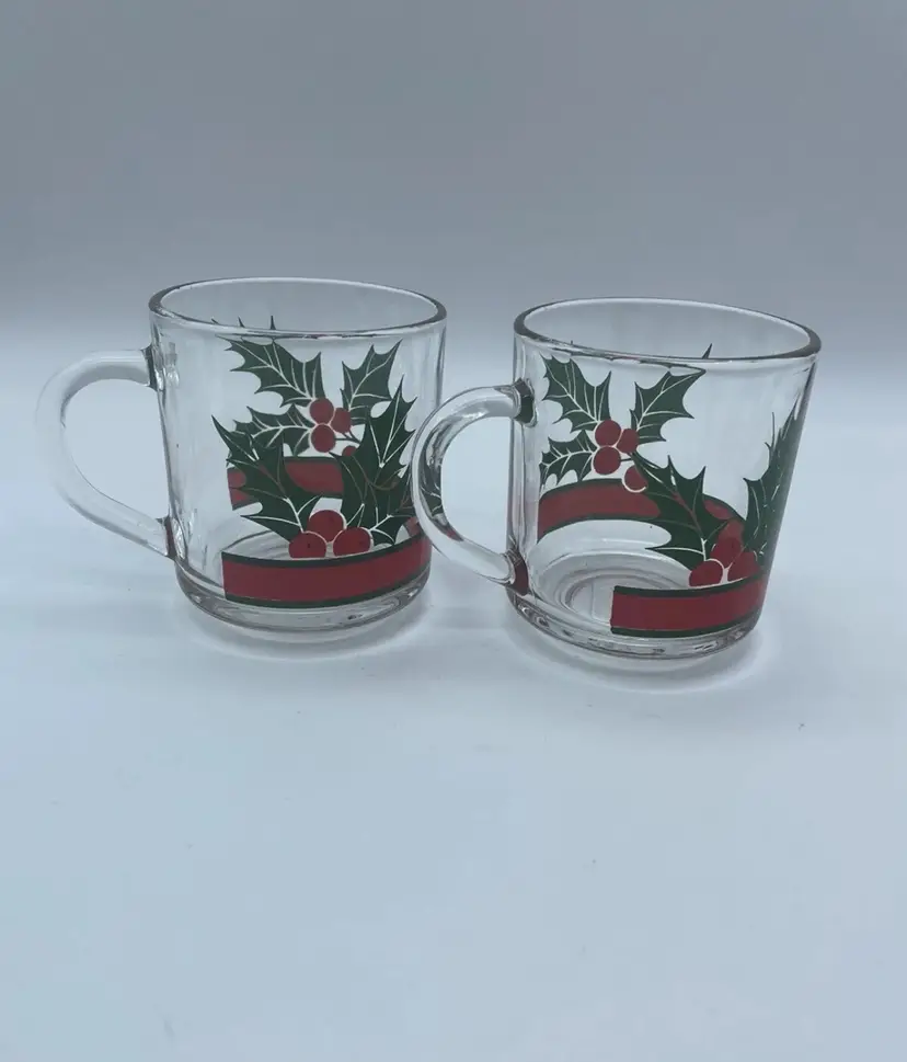 Vintage Holiday Christmas 2 Glass Coffee Handled Cup Mugs Lot Holly Berries