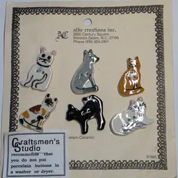 Vintage 1988 Albe Creations Porcelain Cat Buttons Hand-Painted Set Of 6 NOS