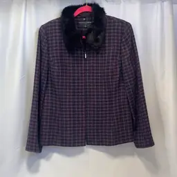 #1744 Kasper & Co, Size 14, Ladies Jacket, Lined, Faux Fur Removable Collar, Purple Black Tweed Look