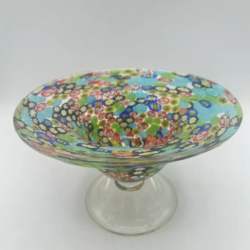 Murano Style Millefiori Murrine Face Cane Footed Art Glass Bowl Compote 5"