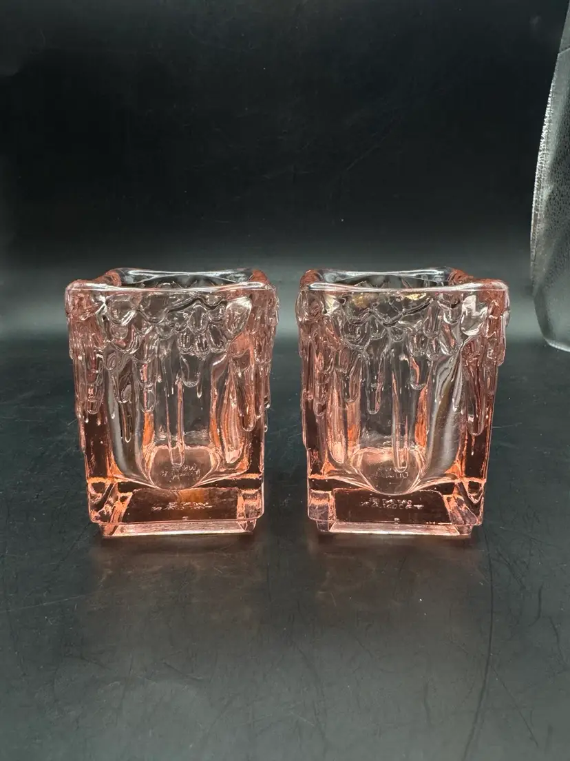 Vintage Pink Art Glass Drip Votive Candle Holders Pair WNS Taiwan 3.25”