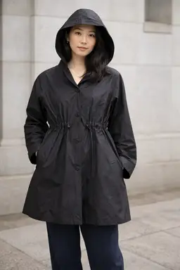 Vintage J Jill Trench Coat Womens Large Black Waist Cinched Hooded Rain Lined