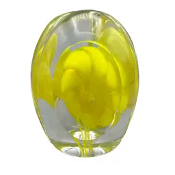 Vintage Hand Blown Glass Yellow Flower Paperweight 4”x 3”