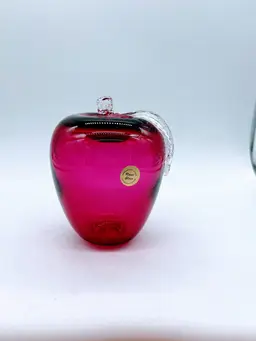 Cranberry Rossi Art Glass Crystal Apple, Sticker/Signed