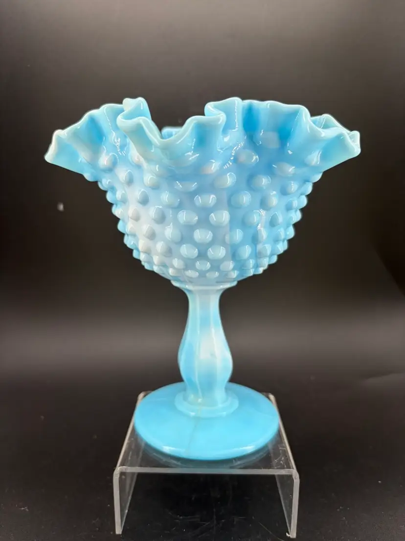 Vintage Fenton blue ande white opalescent hobnail ruffled compote