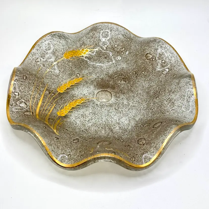 Signed Art Glass Ruffle Wavey Plate Dish with Golden Wheat and Bubbles 6.5”