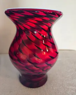 Vintage Hand-Blown Red And Black Swirl Art Glass Vase